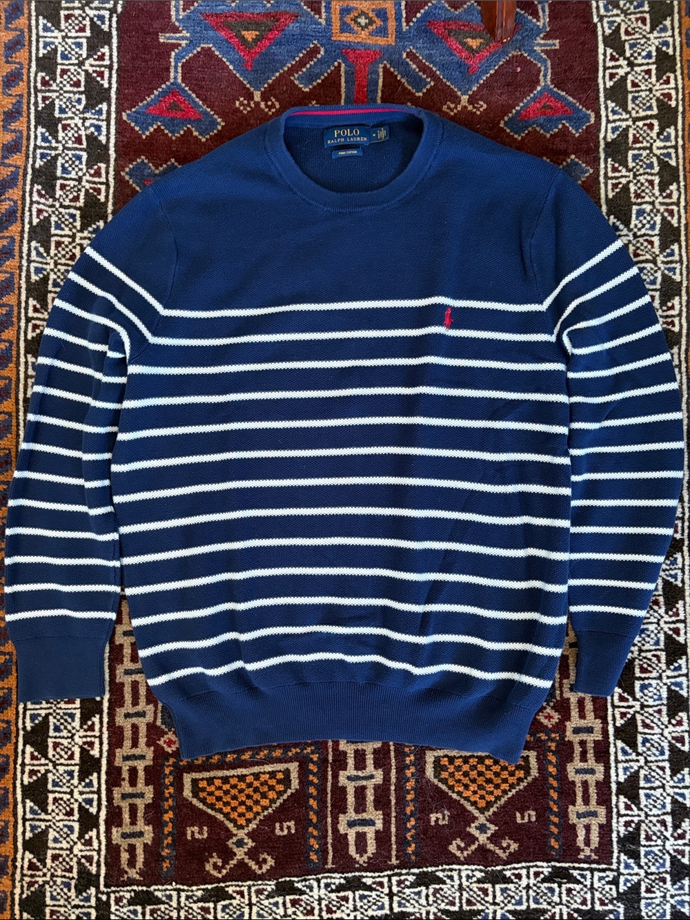 Polo by Ralph Lauren Navy & White Striped Crewneck Sweater 100% Pima Cotton